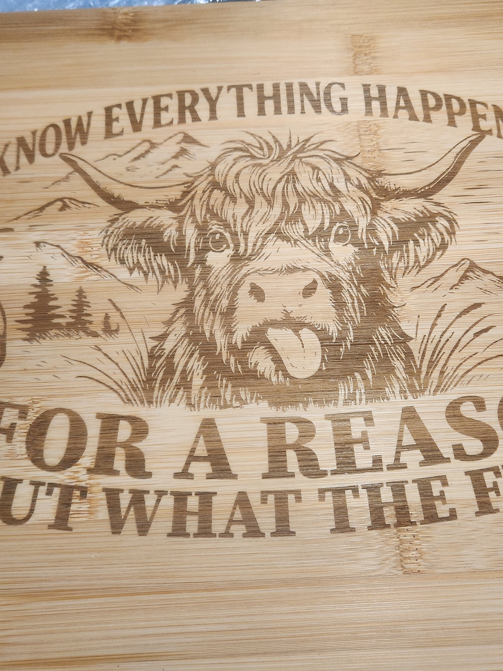 Decorative Bamboo Cutting Board with Funny  Highland Cow Engraving - Natural